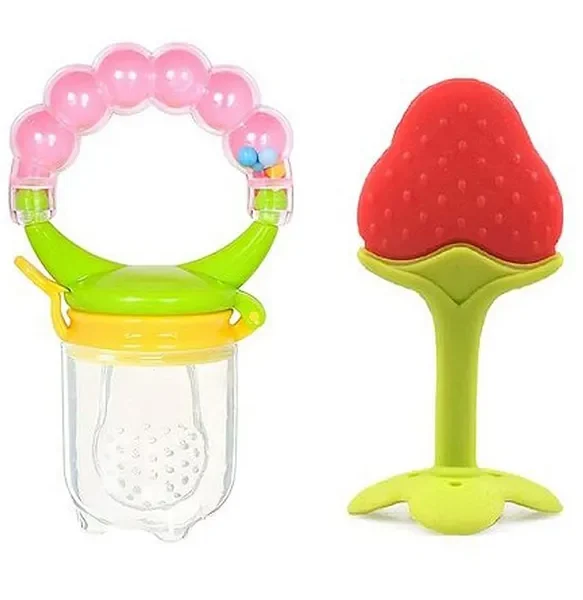 NeonateCare Neonate Care Strawberry Fruit Shape Silicone Teether With Fruit Food Feeder Nibbler Pack Of 2 - Color May Vary