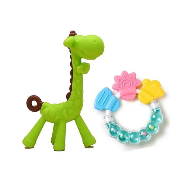Numum Silicone Combo Of Giraffe Shape & Rattle Handle Teethers - ( Giraffe - Ring Teether) - Multicolor ( Color And Design May Vary)