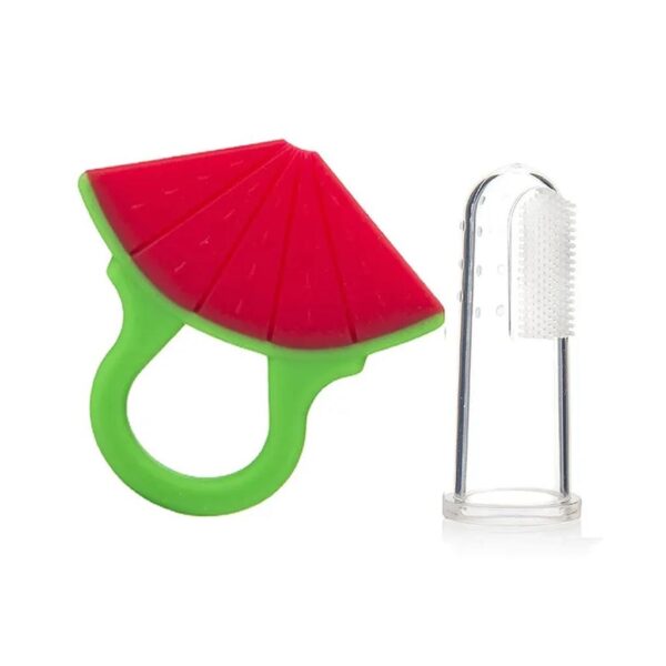 Numum Non-Toxic Food-Grade Silicone Watermelon Shaped Baby Teether And Baby Finger Brush Combo( Color And Design May Vary)