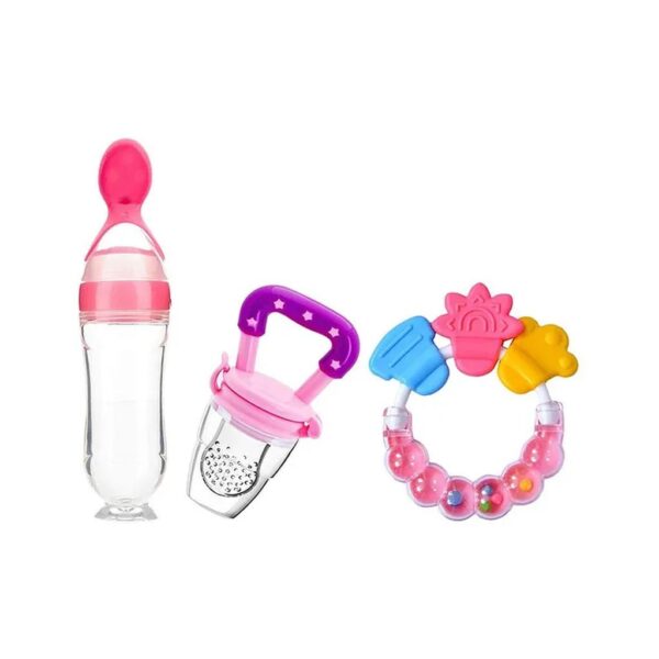 Numum Combo Of Fruit And Food Nibbler Spoon Feeder And Rattle Teether-( Fruit Feeder - Spoon Feeder - Ring Teether) -Pack Of 3 - Multicolor ( Color And Design May Vary)
