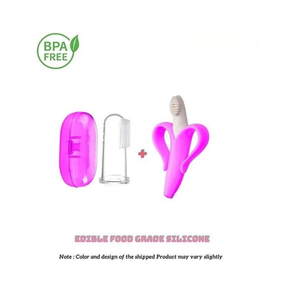 Numum Banana Teether And Finger Brush Toothbrush With Case, 100% Flexible (Banana Finger)- Pink( Color And Design May Vary)