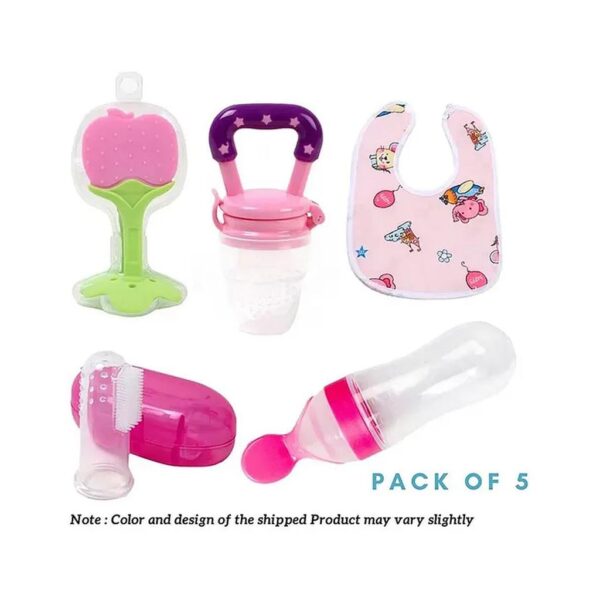 Numum Baby Fruit Feeder With Spoon Feeder And Fruit Teether With Finger Brush And Bibs ( 1Pcs Each) (Bibs - Fruit Feeder - F Brush - Spoon Feeder - Fruit Teether)- Pink ( Color And Design May Vary)