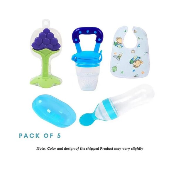 Numum Baby Fruit Feeder With Spoon Feeder And Fruit Teether Finger Brush And Baby Bibs ( 1Pcs Each) (Bibs - Fruit Feeder - Finger Brush - Spoon Feeder - Fruit Teether) - Blue ( Color And Design May Vary)