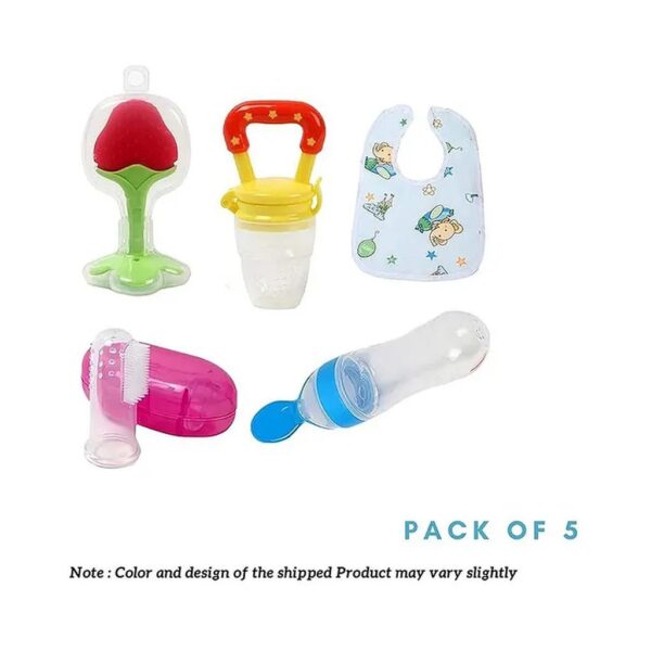 Numum Baby Fruit Feeder With Spoon Feeder And Fruit Teether With Finger Brush And Baby Bibs ( 1Pcs Each) (Bibs - Fruit Feeder - Finger Brush - Spoon Feeder - Fruit Teether)- Multicolor ( Color And Design May Vary)