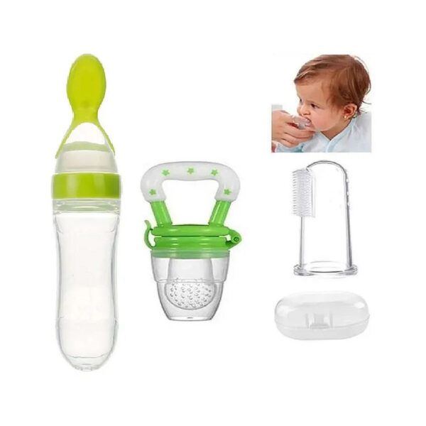 Numum Fruit And Food Nibbler - Feeder And Finger Brush With Tongue Cleaner - ( Fruit Feeder - Spoon Feeder - Finger Brush) -Pack Of 3 - Multicolor ( Color And Design May Vary)