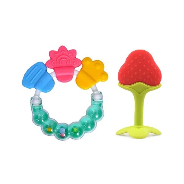 Numum Strawberry Fruit Shape Silicone Teether with Round Shape BPA Free Silicone Bell Teether Ring for Infants - Multicolour (Color and design may vary)